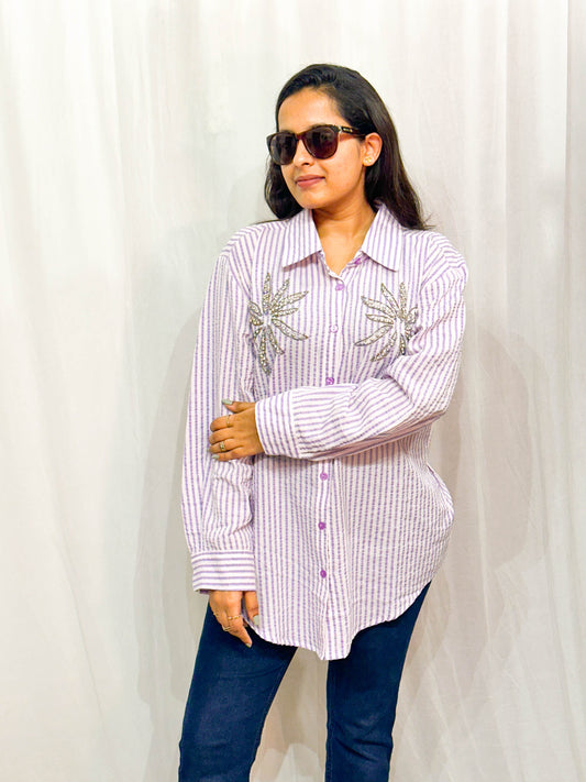 PURPLE STRIPED EMBELLISHED COTTON SHIRT BESU INDIA