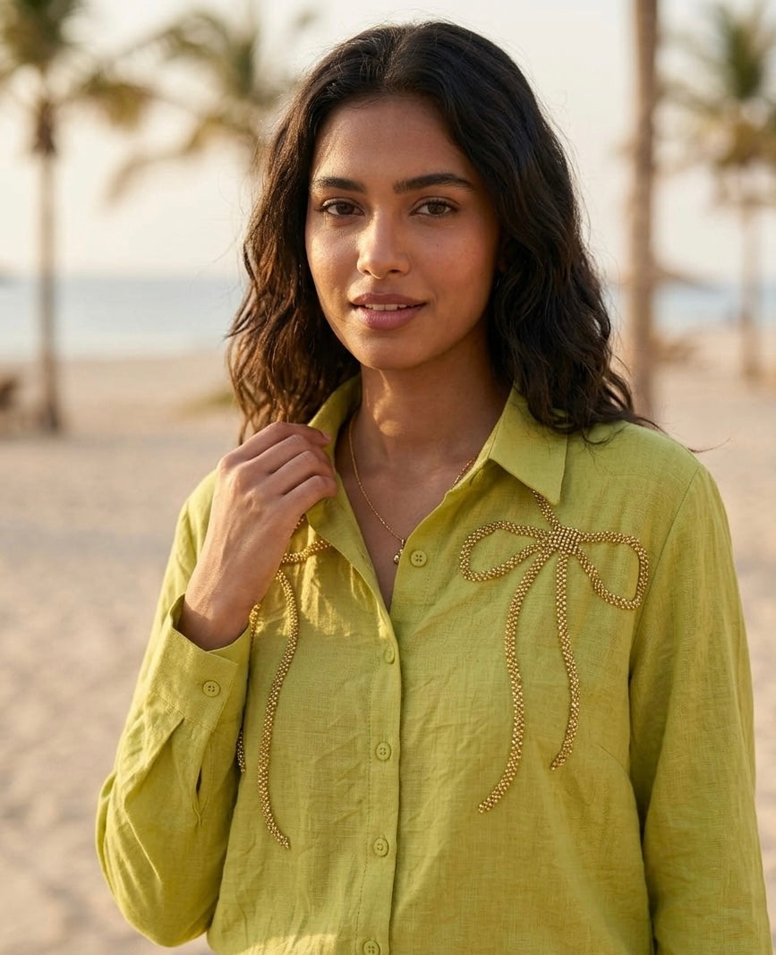 EARTHY GREEN SHIRT WITH BEADED BOW BESU INDIA