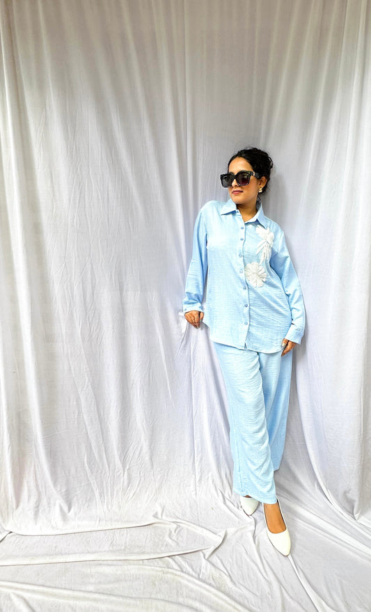 BLUE SOFT COTTON LINEN CO-ORDS WITH PATCHWORK WHITE SEQUINS EMBROIDERY BESU INDIA