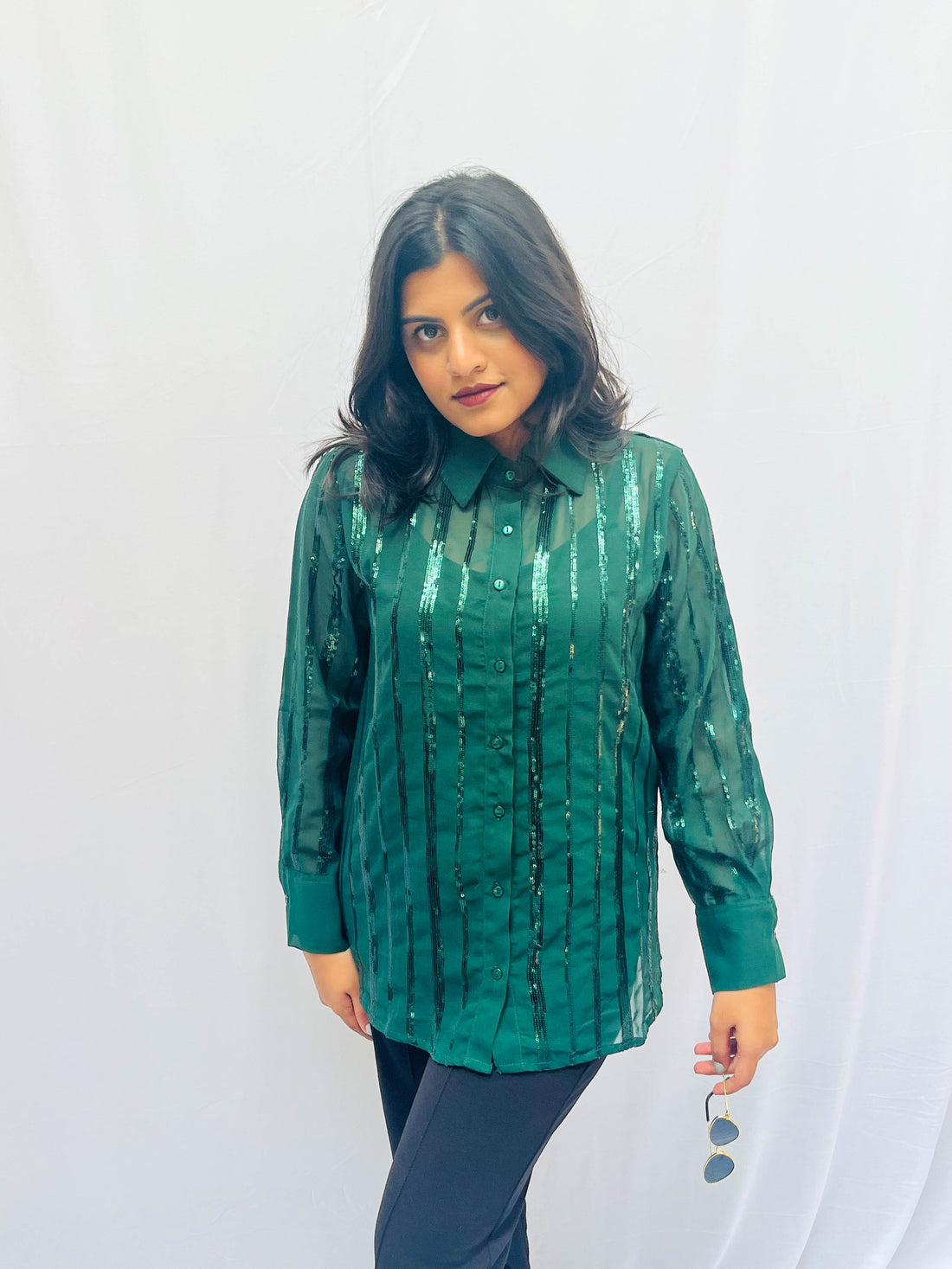 BOTTLE GREEN SEQUINS SEMI-TRANSPARENT SHIRT BESU INDIA