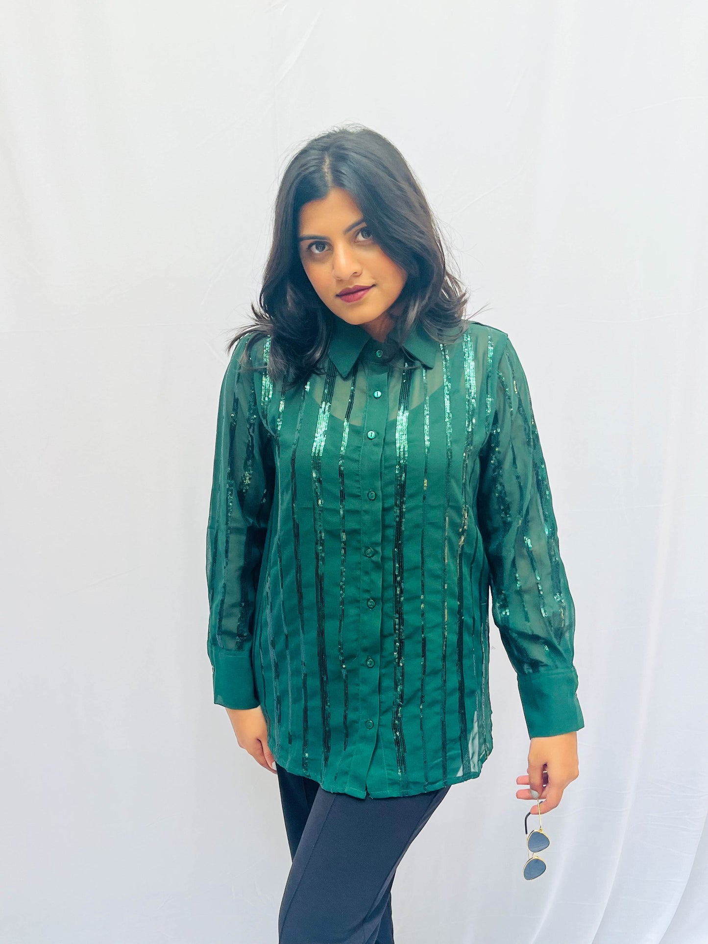 BOTTLE GREEN SEQUINS SEMI-TRANSPARENT SHIRT BESU INDIA