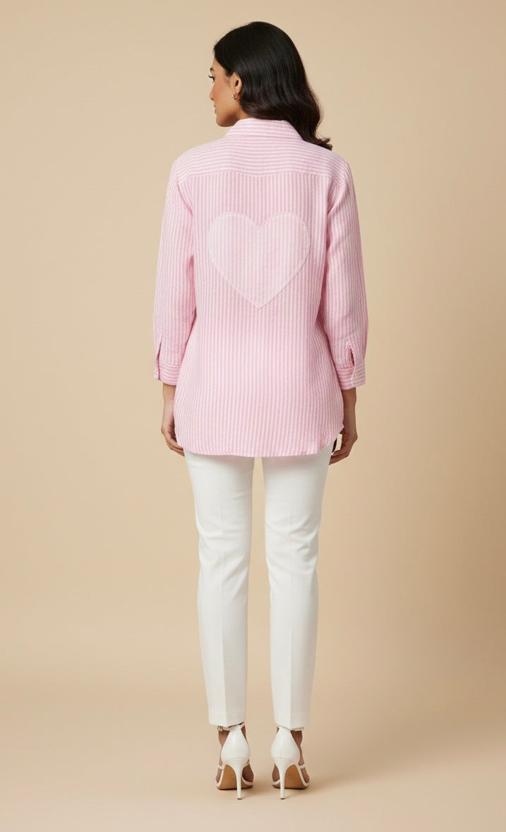 WHITE AND PINK STRIPED SHIRT WITH HEART PATCHWORK