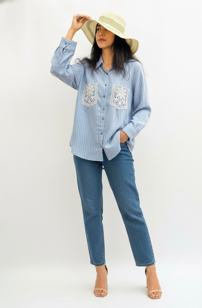 LIGHT BLUE AND WHITE STRIPED LACE POCKET SHIRT BESU INDIA