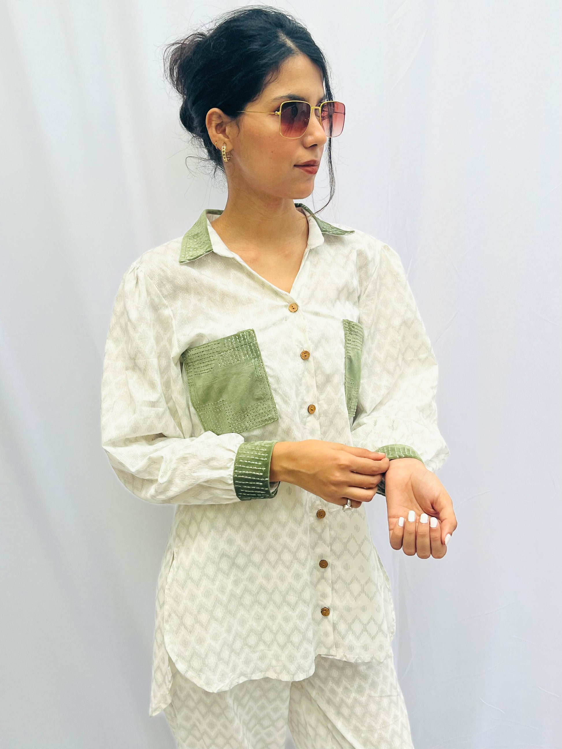 GREEN SUEDE PATCH WORKED - TEXTURED COTTON CO-ORD BESU INDIA