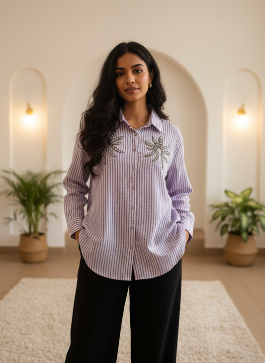LAVENDER STRIPED TEXTURED COTTON SHIRT WITH EMBELLISHMENTS AND STUDS BESU INDIA