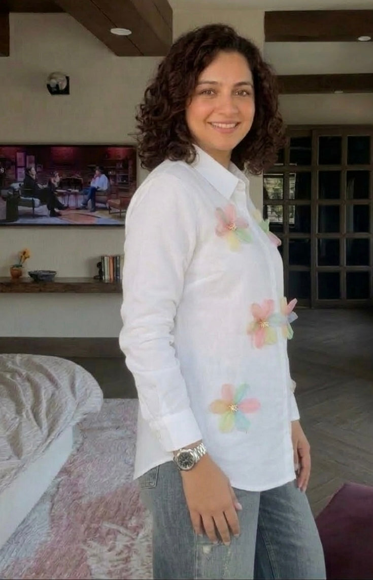 WHITE SHIRT WITH COLOURFUL FLOWERS PATCHWORK BESU INDIA