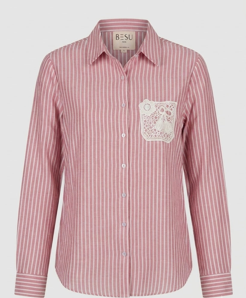 DUSTY ROSE STRIPED SHIRT WITH LACE POCKET BESU INDIA