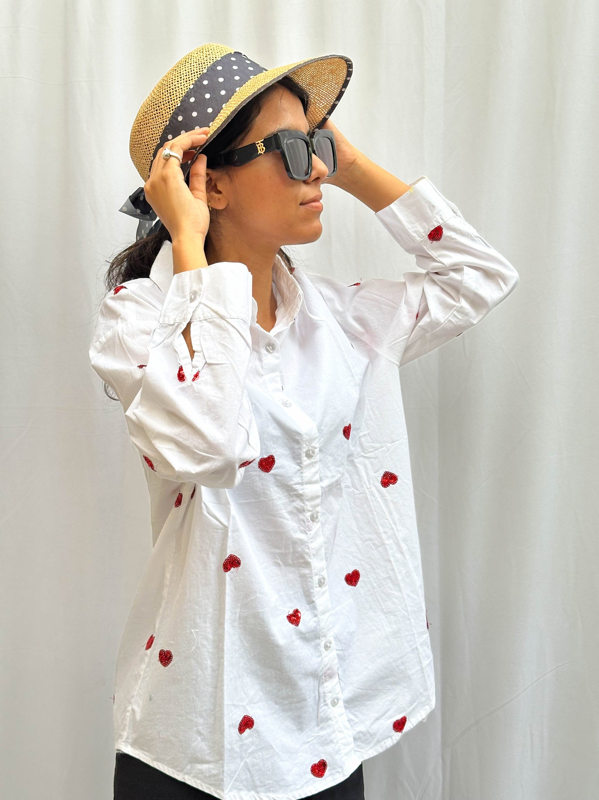 COTTON WHITE SHIRT WITH HEART SEQUINS EMBROIDERY BESU INDIA