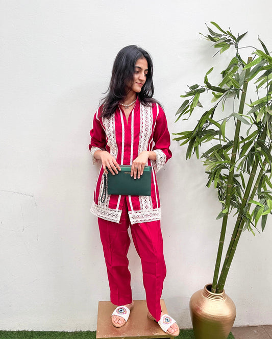 DEEP RED LACE WORKED KURTA / CO-ORD SET BESU INDIA