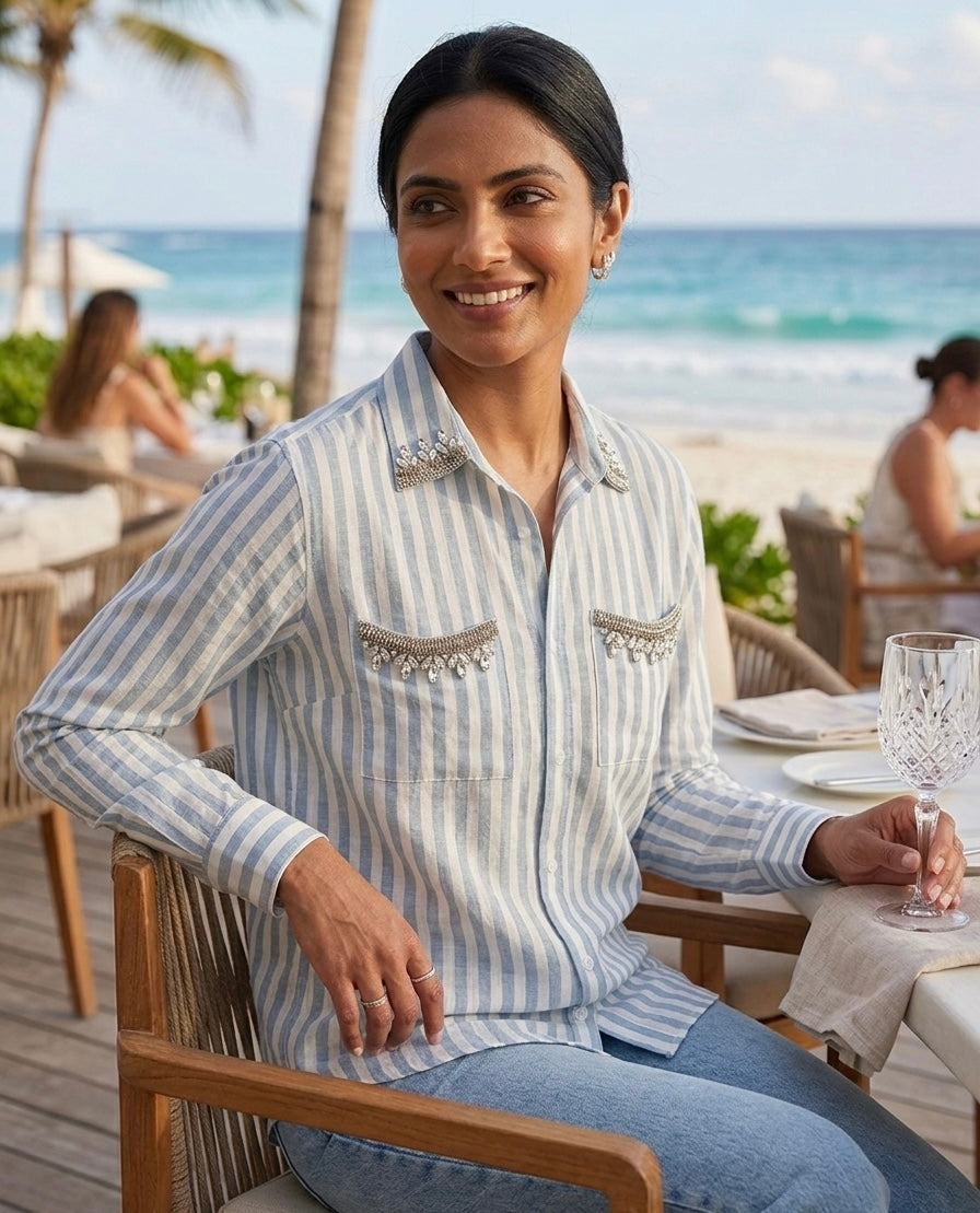 BLUE AND WHITE STRIPED SHIRT WITH EMBELLISHMENTS BESU INDIA