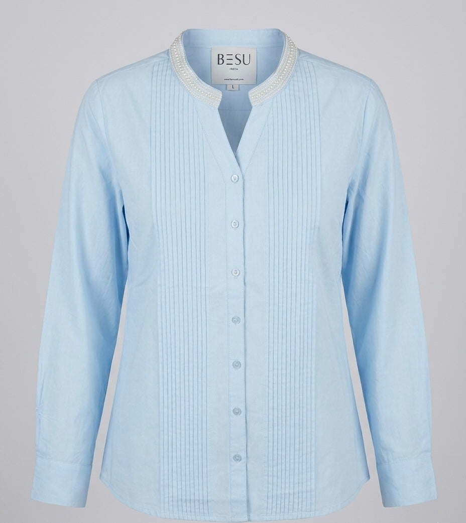 POWDER BLUE SHIRT WITH EMBROIDERED COLLAR BESU INDIA