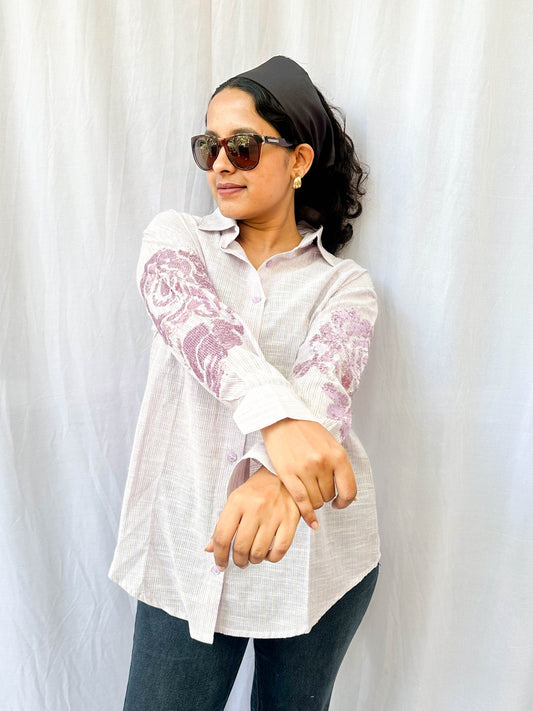 LIGHT LAVENDER STRIPED SHIRT WITH SEQUINS EMBROIDERY BESU INDIA