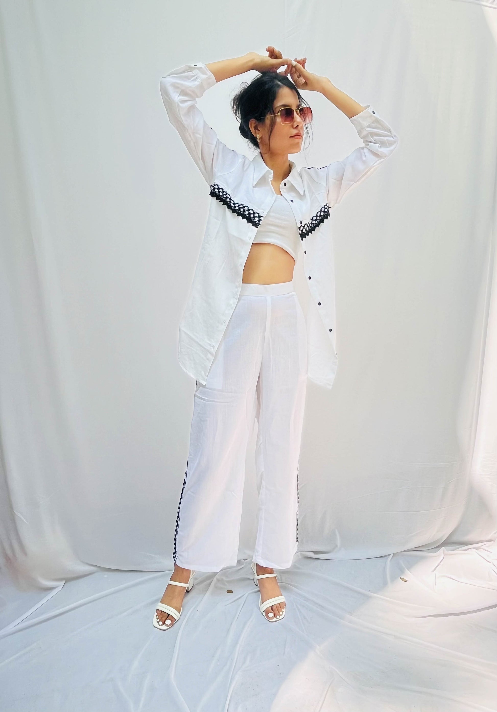 WHITE COTTON CO-ORD WITH BLACK LACE DETAILING BESU INDIA