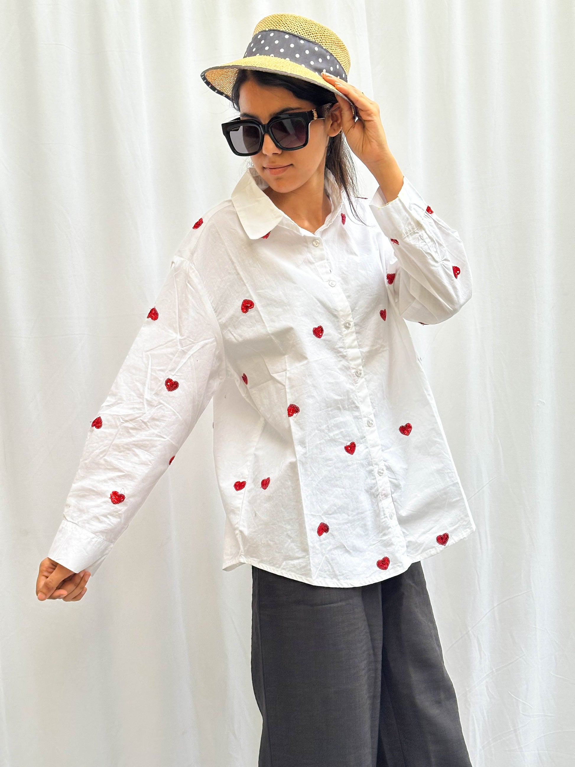 COTTON WHITE SHIRT WITH HEART SEQUINS EMBROIDERY BESU INDIA