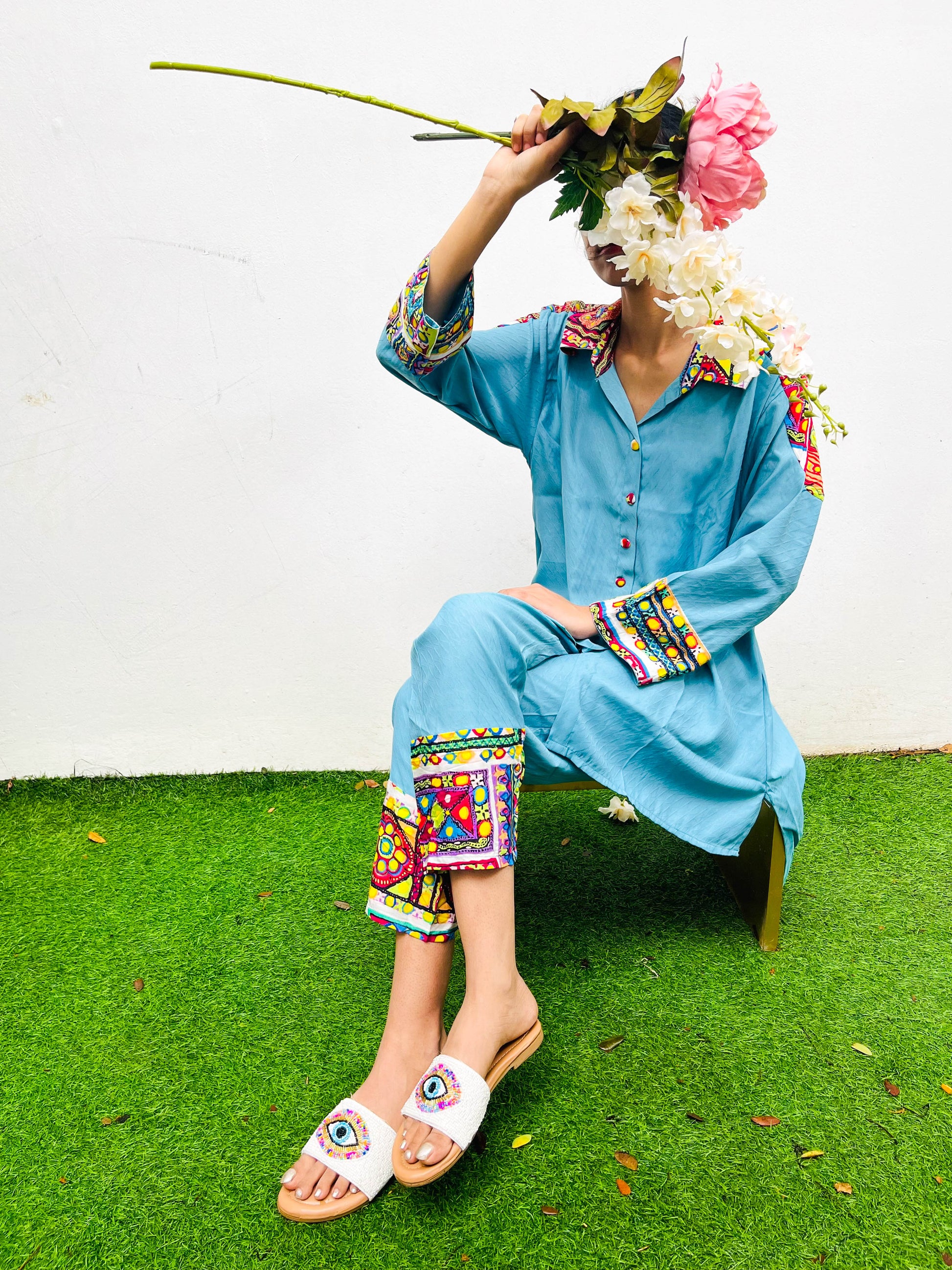 BLUE PATCH WORKED COTTON CO-ORD / KURTA SET BESU INDIA