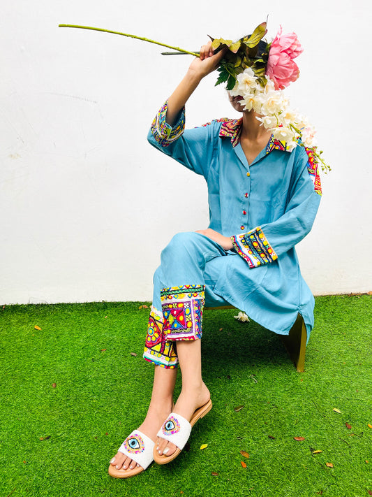 BLUE PATCH WORKED COTTON CO-ORD / KURTA SET BESU INDIA