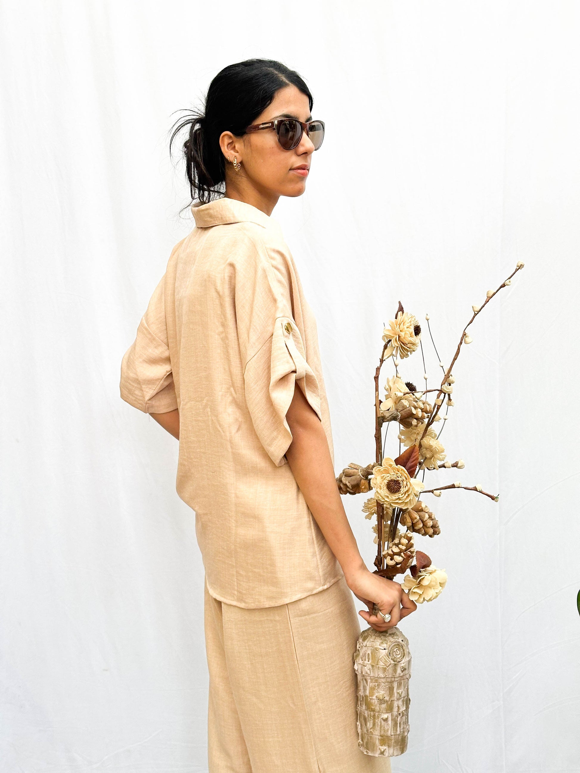 BEIGE SOFT COTTON CO-ORDS WITH SIGNATURE GOLD BUTTONS BESU INDIA
