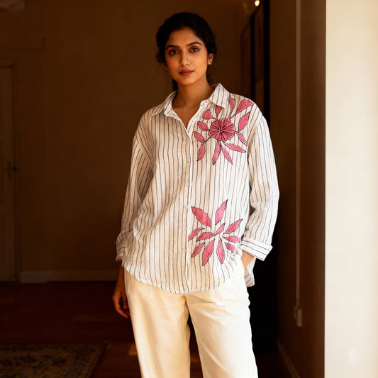 BLACK AND WHITE STRIPED COTTON SHIRT WITH PATCHWORK BESU INDIA