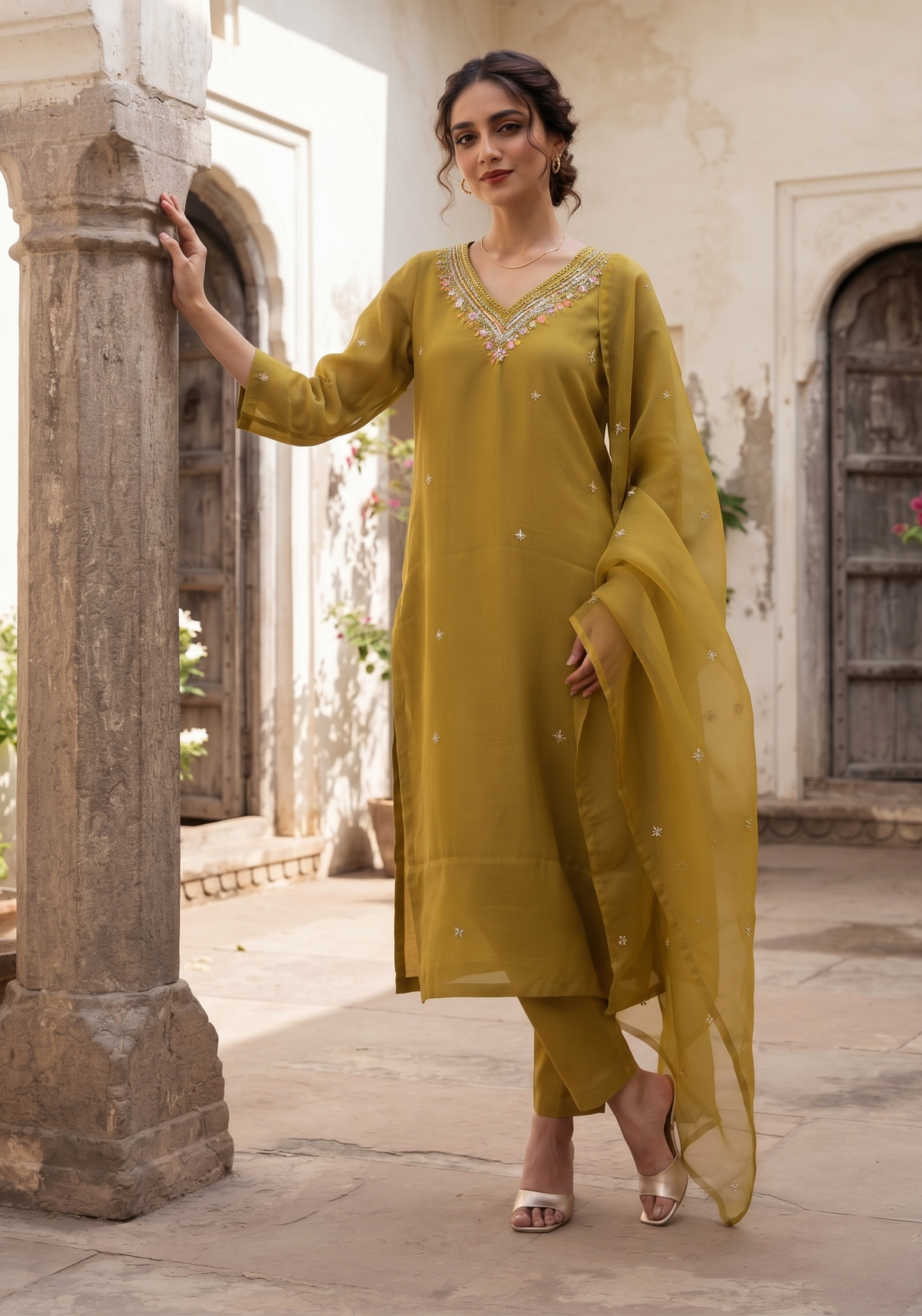 OLIVE FLORAL EMBROIDERED V-NECK KURTA SET BESU INDIA