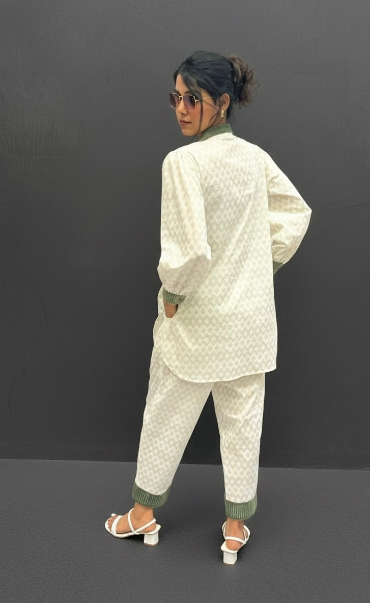 GREEN SUEDE PATCH WORKED - TEXTURED COTTON CO-ORD BESU INDIA