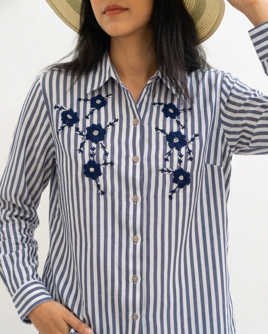NAVY BLUE STRIPED SHIRT WITH FLORAL EMBROIDERY BESU INDIA