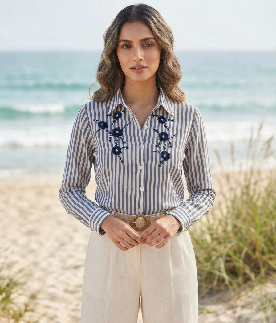 NAVY BLUE STRIPED SHIRT WITH FLORAL EMBROIDERY BESU INDIA