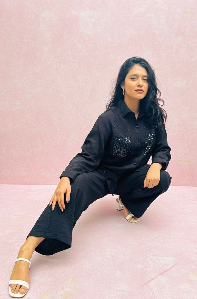 BLACK LINEN CO-ORDS WITH SEQUINS POCKETS BESU INDIA