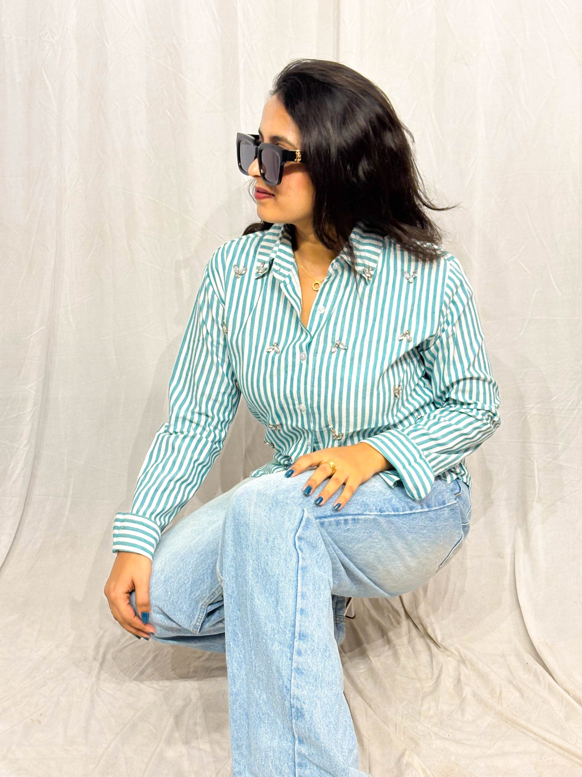 TEEL BLUE STRIPES COTTON SHIRT WITH EMBELLISHMENTS BESU INDIA