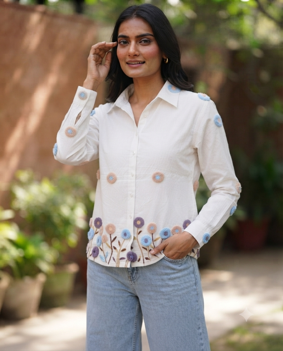 ARTISANAL BLOOM WHITE LINEN BLEND SHIRT BESU INDIA