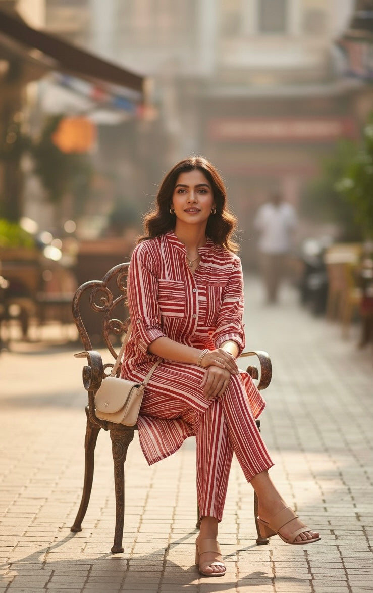 RED STRIPED KURTA CO-ORD SET BESU INDIA