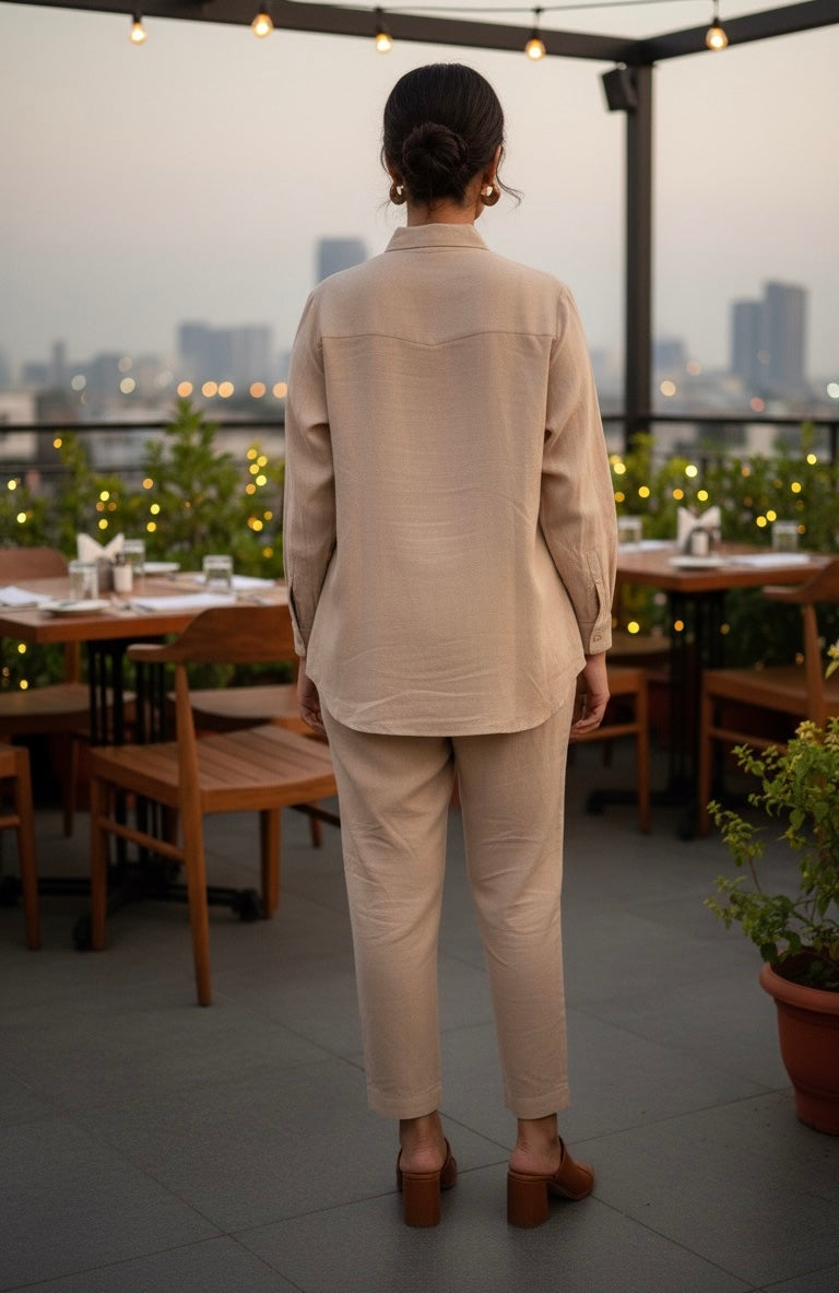 BEIGE LINEN THREAD  EMBROIDERED AND EMBELLISHED CO-ORDS BESU INDIA