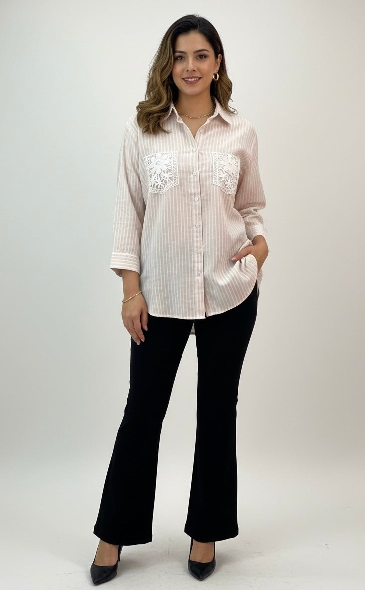 BEIGE AND WHITE STRIPES WITH LACE POCKETS BESU INDIA
