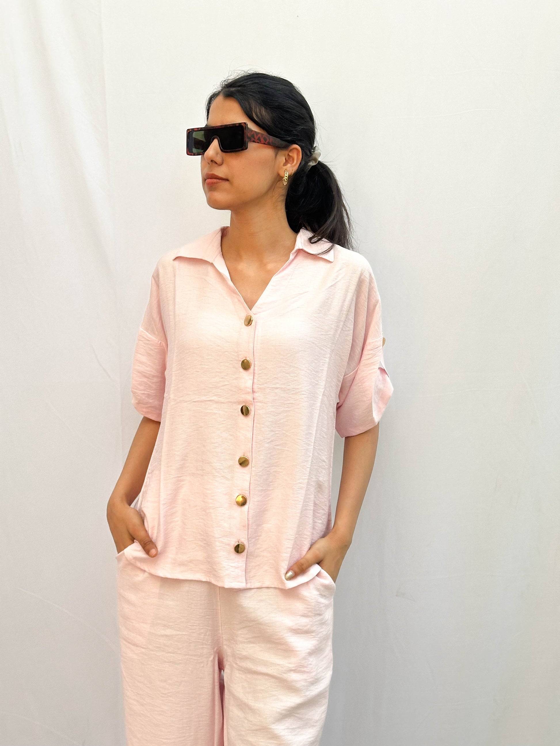 BABY PINK CO-ORDS WITH GOLD BUTTONS BESU INDIA