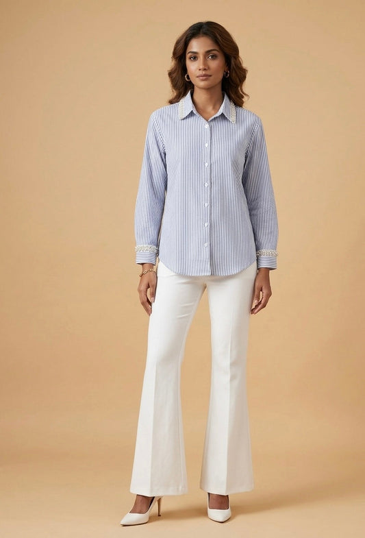 BLUE STRIPED SHIRT WITH EMBROIDERED COLLAR AND CUFFS BESU INDIA