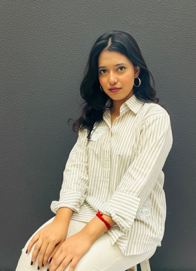 CREAM STRIPED SHIRT WITH BUTTERFLY PATCHWORK BESU INDIA