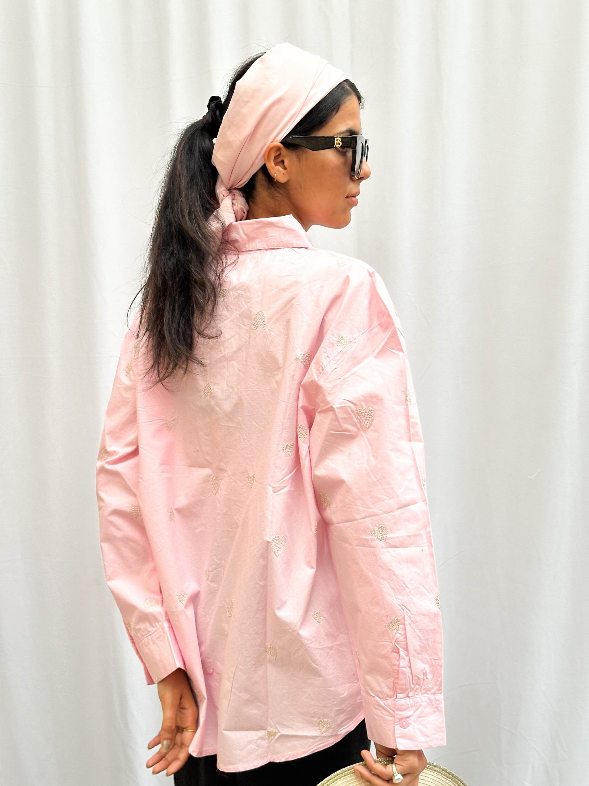 LIGHT PINK COTTON SHIRT WITH GOLD EMBROIDERED HEARTS BESU INDIA