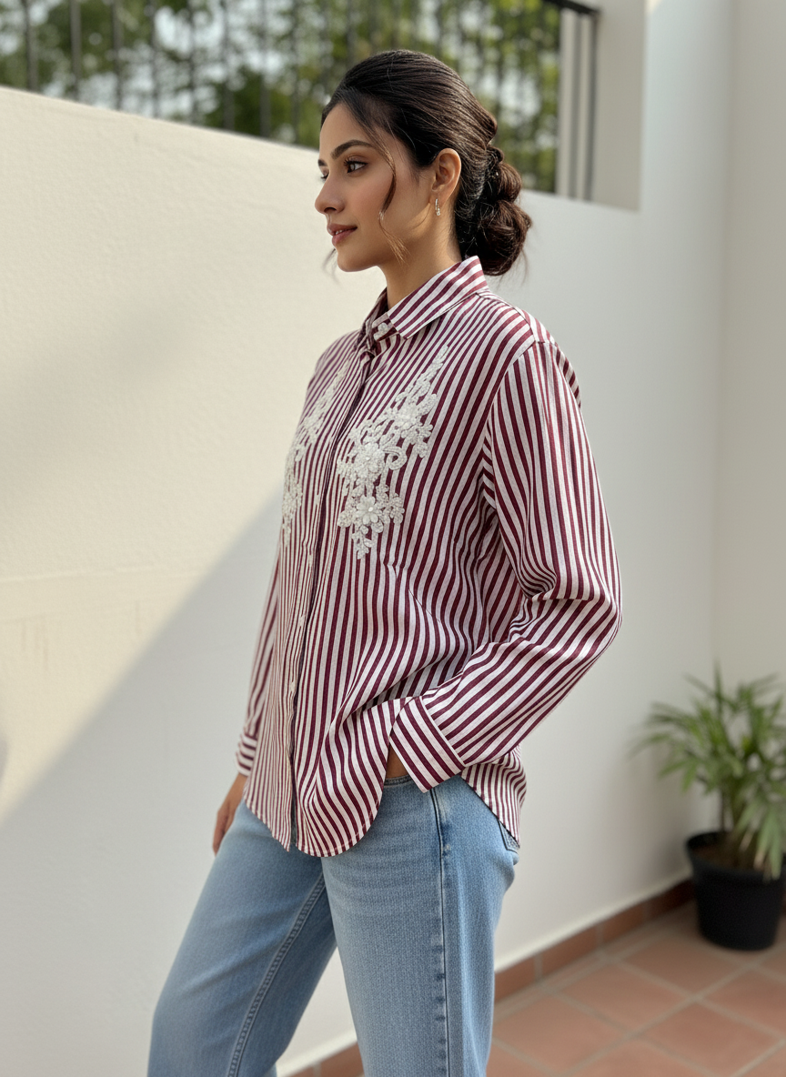 MAROON AND PINK STRIPED EMBROIDERED PATCH WORK COTTON SHIRT BESU INDIA