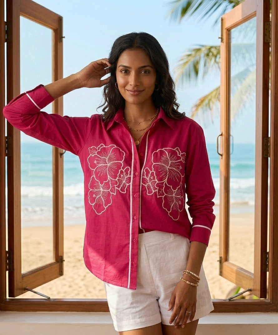 FUCHSIA FLORAL ACCENT SHIRT BESU INDIA
