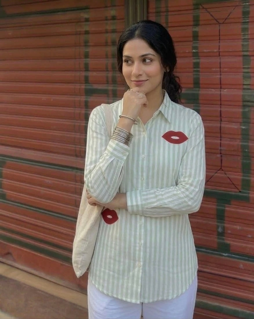 LIGHT GREEN STRIPED SHIRT WITH PATCHWORK BESU INDIA