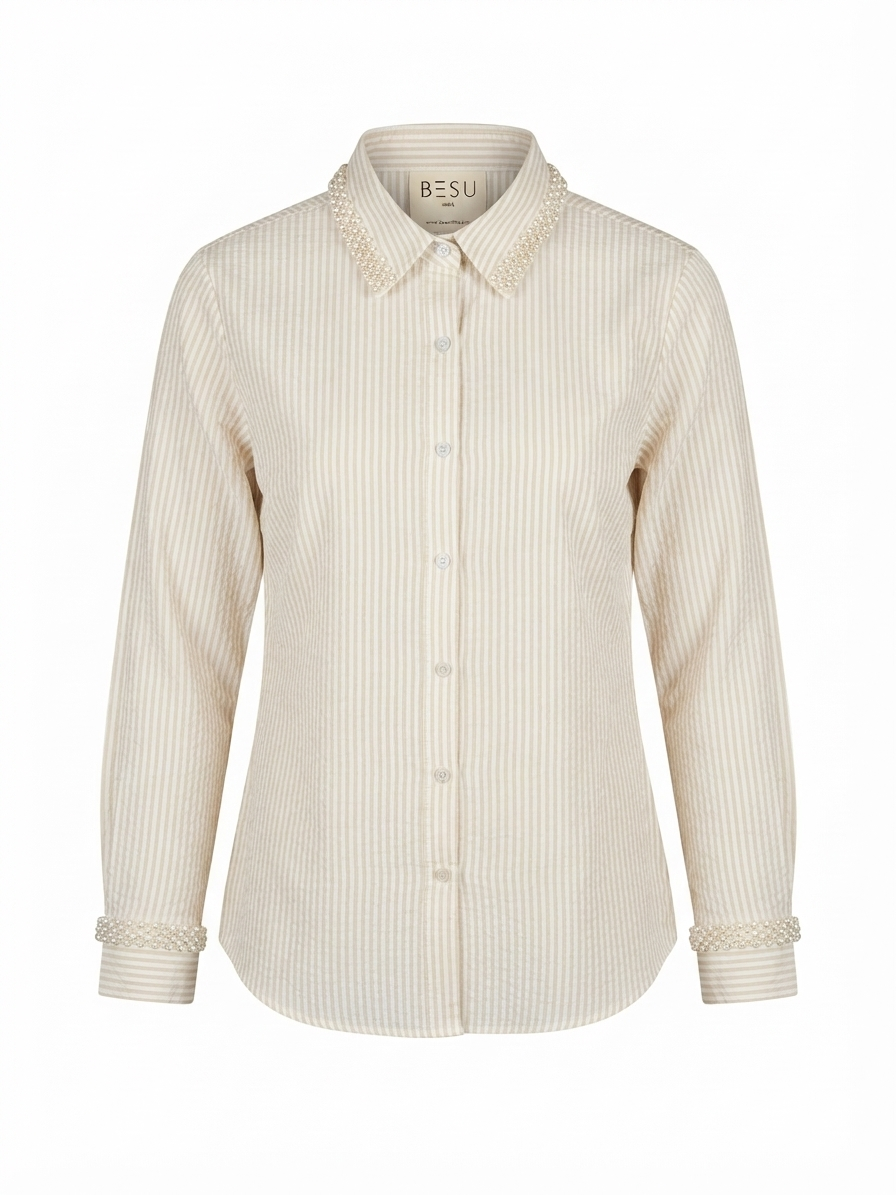 BEIGE STRIPED SHIRT WITH EMBROIDERED COLLAR AND CUFFS BESU INDIA