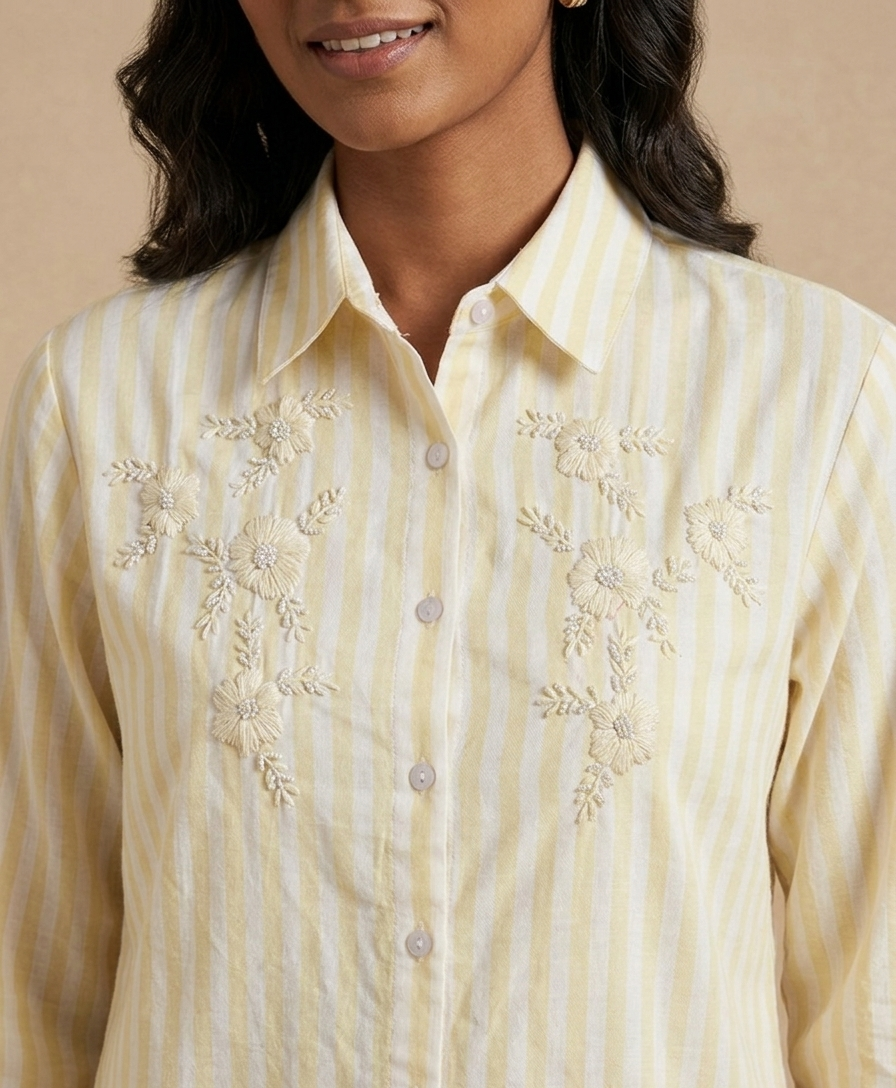 YELLOW STRIPED SHIRT WITH BEADED EMBROIDERY BESU INDIA