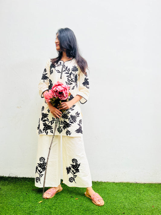 THREAD EMBROIDERED BLACK AND WHITE COTTON KURTA SET BESU INDIA