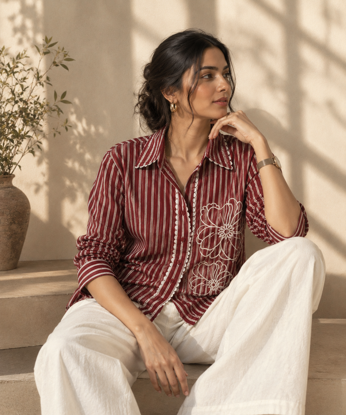 MAROON STRIPED EMBROIDERED SHIRT BESU INDIA