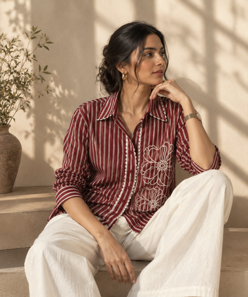 MAROON STRIPED EMBROIDERED SHIRT BESU INDIA