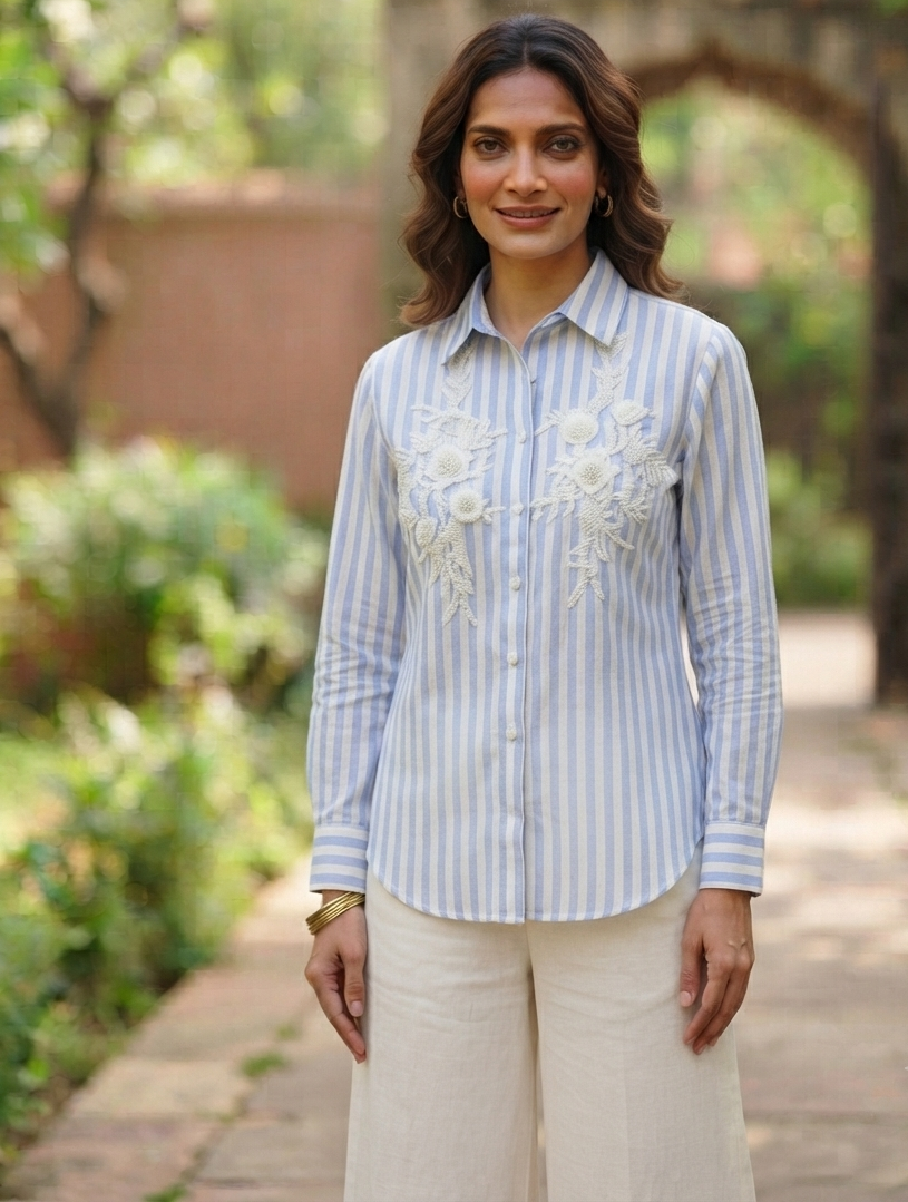 BLUE AND WHITE STRIPED SHIRT WITH SEQUINS EMBROIDERY BESU INDIA