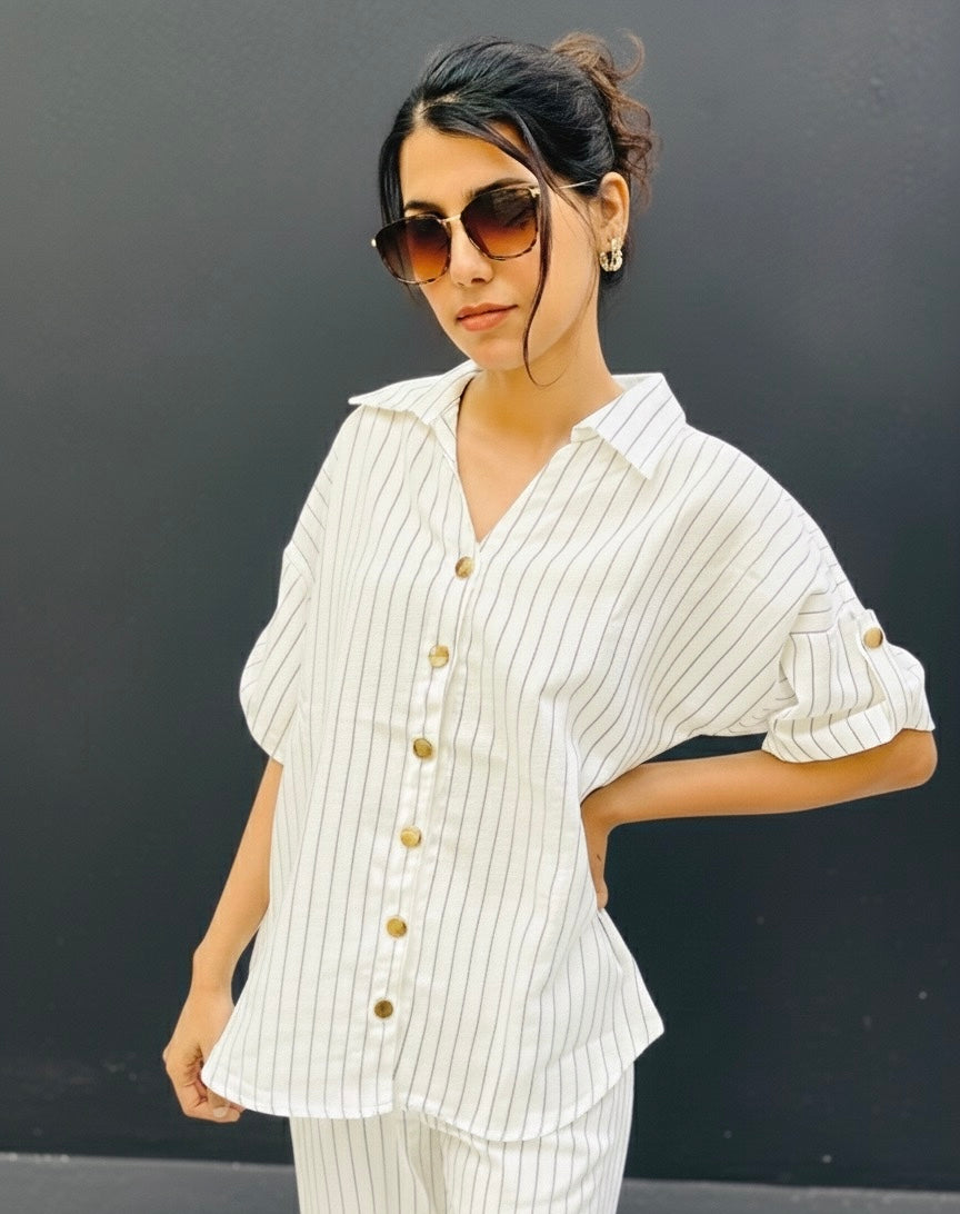 BLACK ON WHITE STRIPED LINEN CO-ORD BESU INDIA