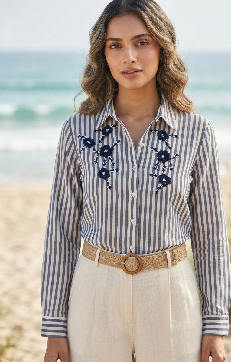NAVY BLUE STRIPED SHIRT WITH FLORAL EMBROIDERY BESU INDIA
