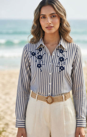 NAVY BLUE STRIPED SHIRT WITH FLORAL EMBROIDERY BESU INDIA