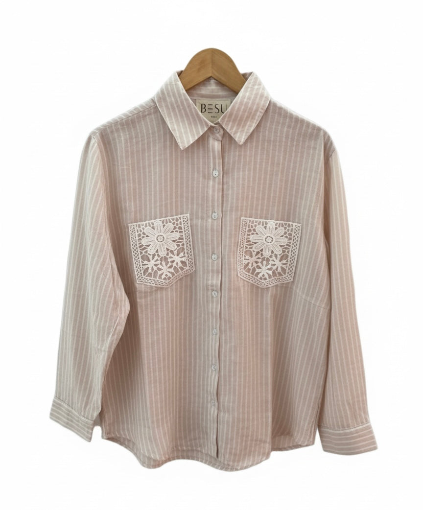 BEIGE AND WHITE STRIPES WITH LACE POCKETS BESU INDIA
