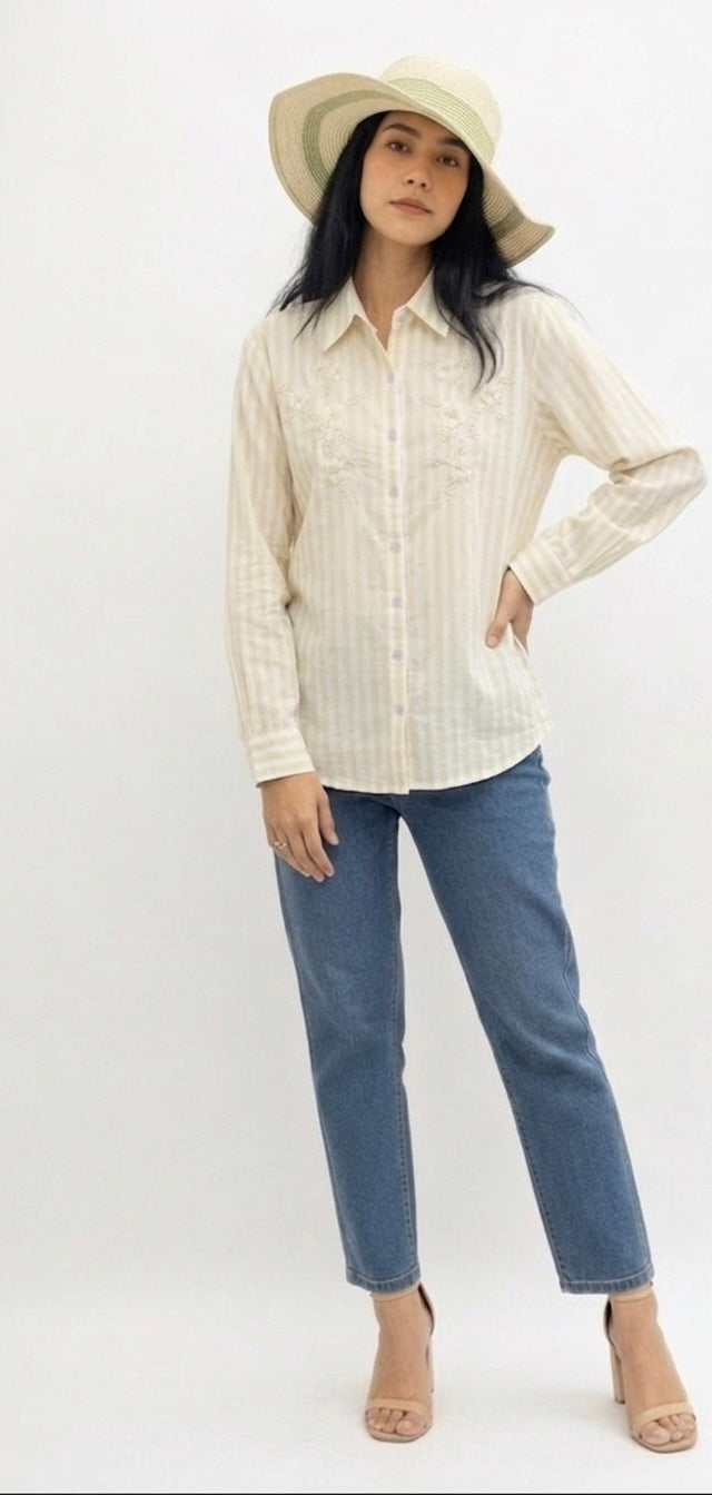 YELLOW STRIPED SHIRT WITH FLORAL EMBROIDERY BESU INDIA
